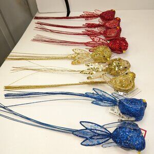 Glitter (9) Birds w long wired tails (can be curled) Alligator clips